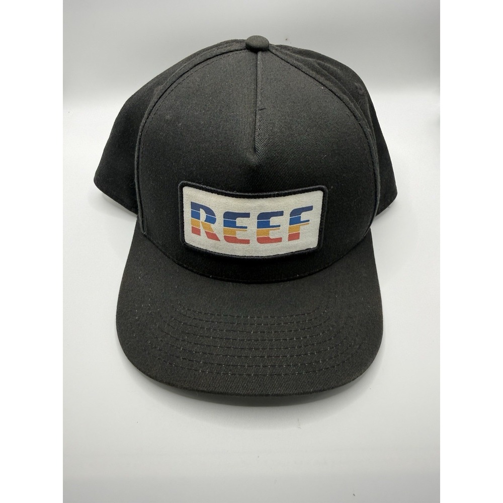 REEF Black Snapback Hat Retro Stripe Logo Patch Surf Skate Adjustable Cap